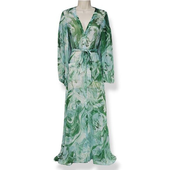 GUESS Green Marble Print Sheer Belted Maxi Duster Dress Long Sleeve Size S - Picture 2 of 8
